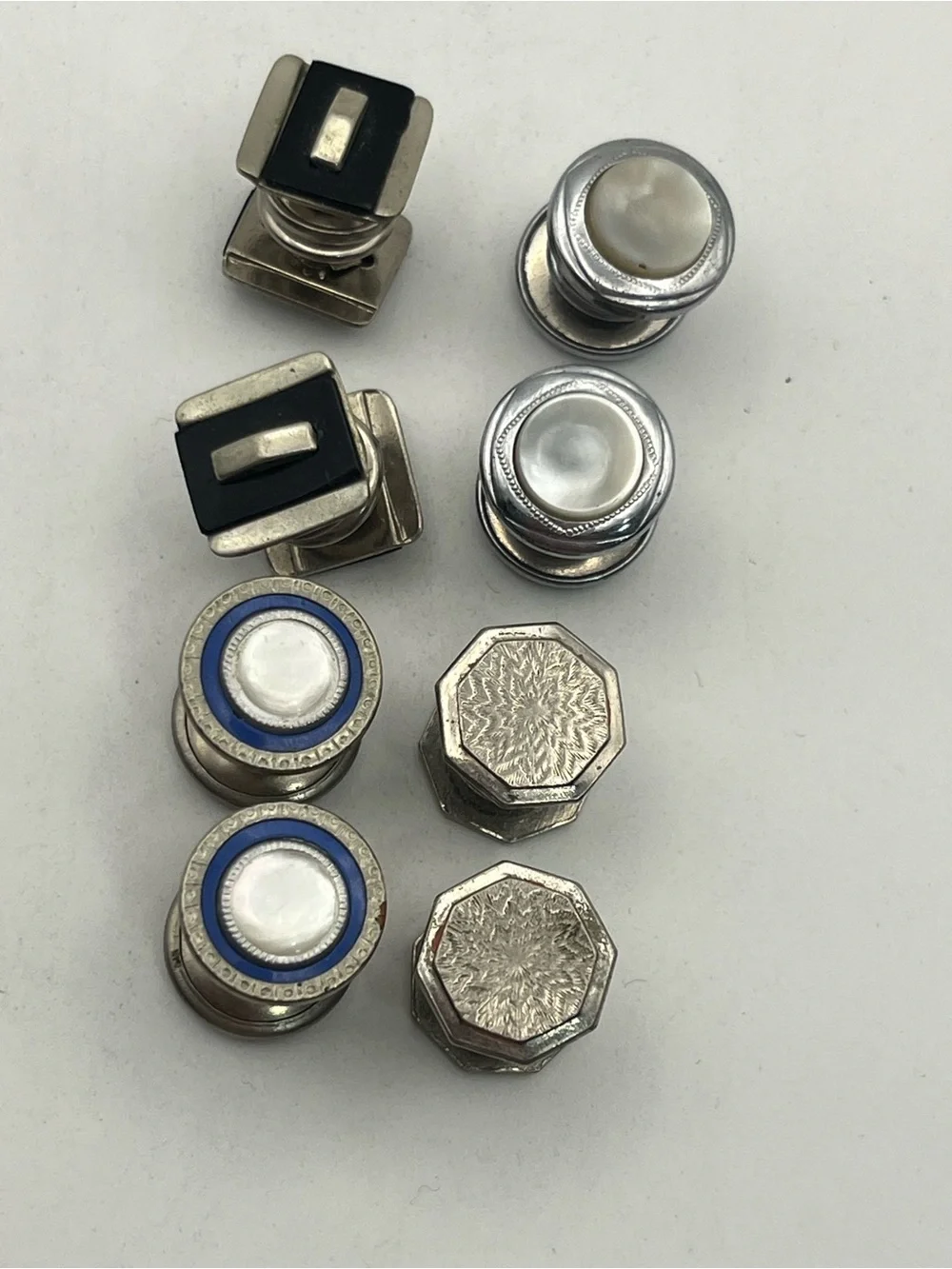 Art Deco silver tone snap link cufflinks vintage set of 4 embossed design